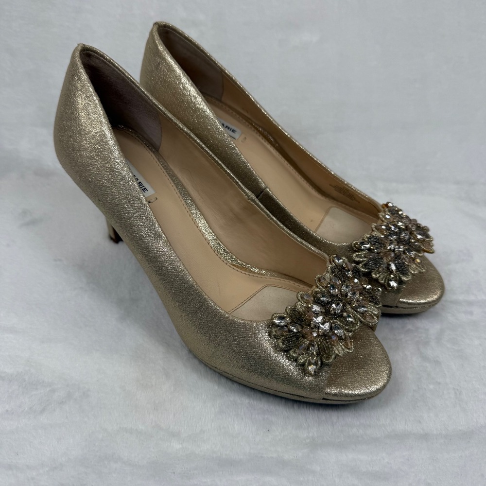 Alex Marie Gold Metallic‎ Crystal Embellished Peep Toe Stiletto Pumps Heels 7